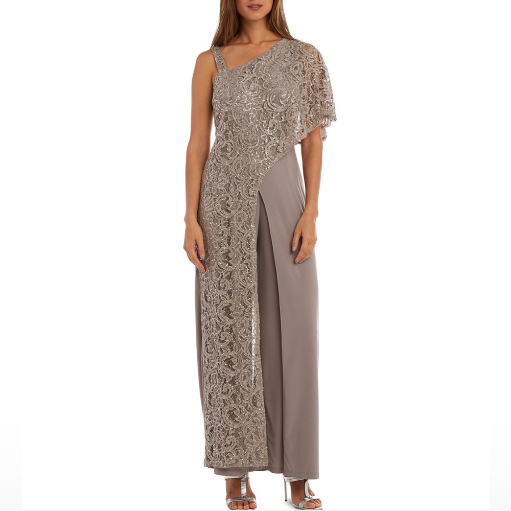 R & M Richard One-Shoulder Lace Jumpsuit Sparkle-lace panel Women's Size 14